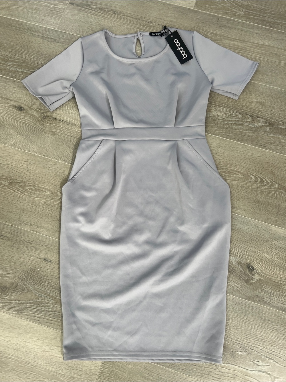 Boohoo Light Gray Midi Sheath Dress with Pockets